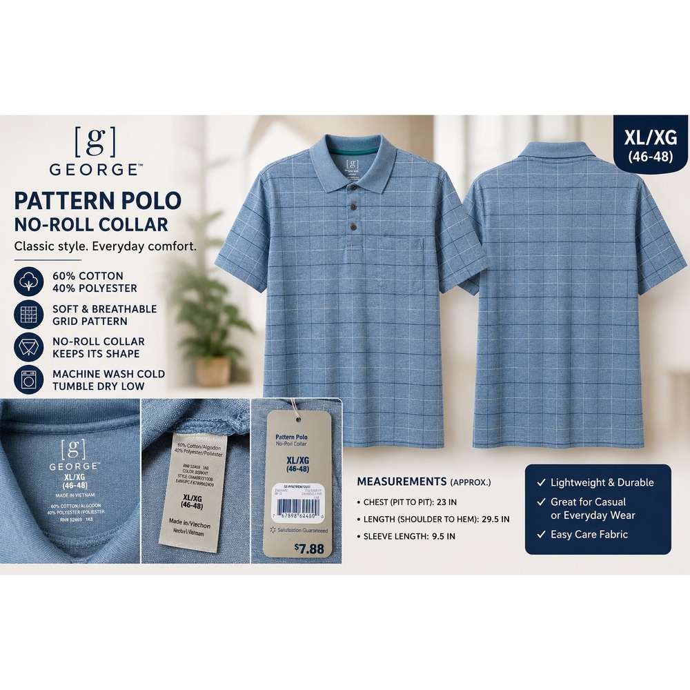 George Mens Blue Windowpane Pattern‎ Polo Shirt XL GM48Y021008 New